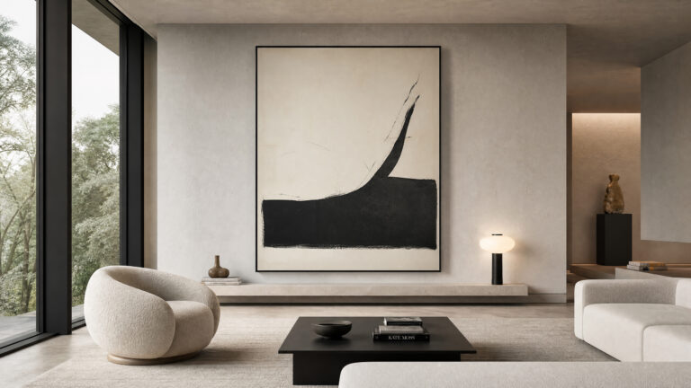 Minimalist living room with a large, impactful abstract painting as the central focus, demonstrating art-centered interior design. The space is elegant, modern, and harmonious, reflecting Prime Vista Art's aesthetic.