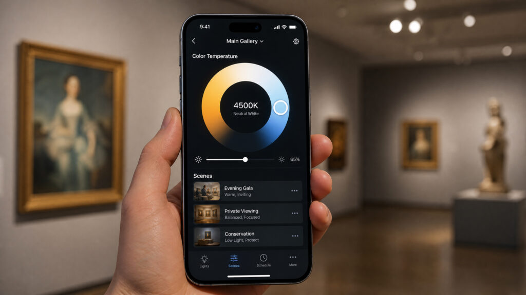 Sleek minimalist smart home control panel for managing professional art lighting scenes.