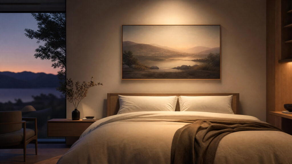A luxury minimalist bedroom with warm, soft art lighting above the bed, creating a peaceful and contemplative atmosphere.