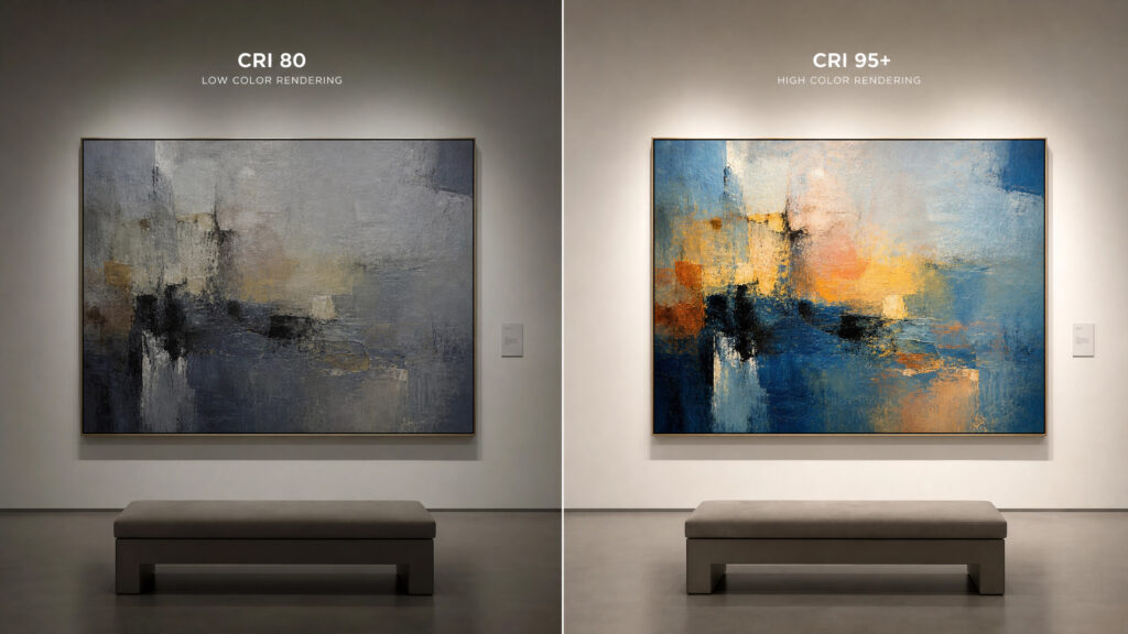 A split-screen comparison showing a painting under low CRI (80) lighting versus high CRI (95+) museum-grade lighting, highlighting the vividness and accuracy of colors.