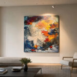 Professional art lighting in a minimalist living room showcasing high-end abstract painting.