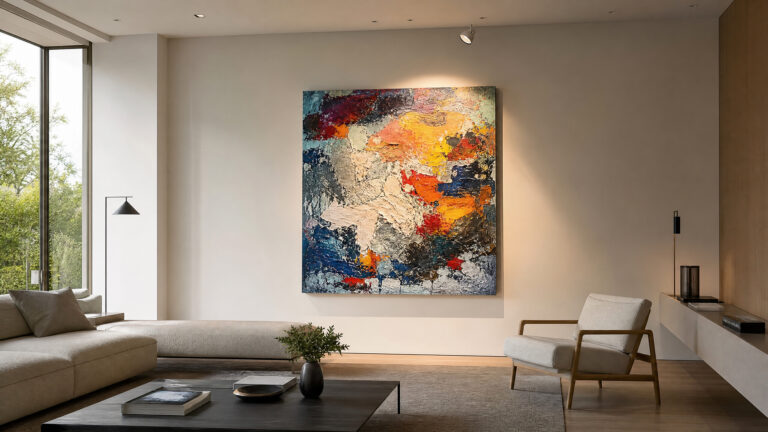 Professional art lighting in a minimalist living room showcasing high-end abstract painting.