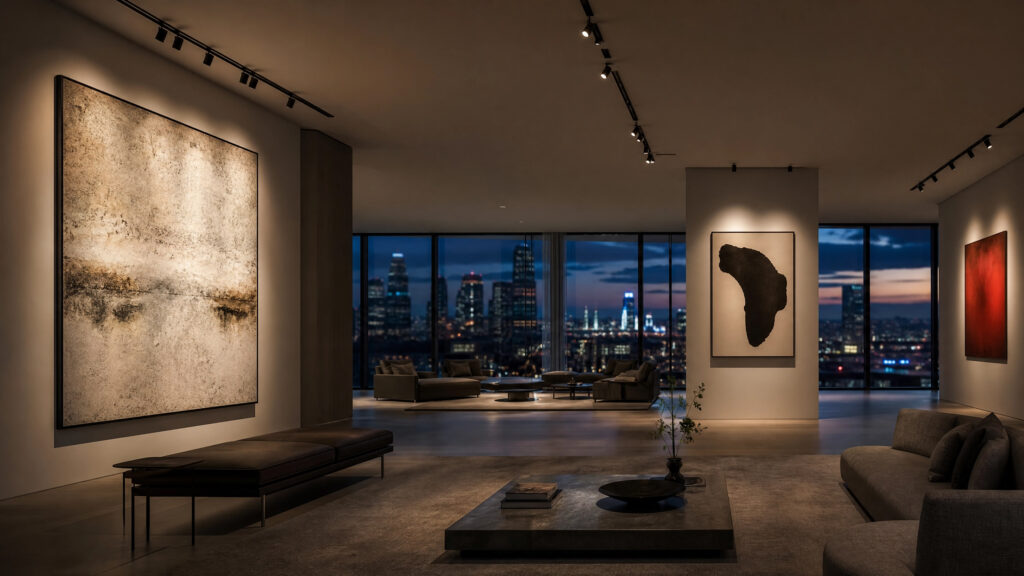 Breathtaking wide-angle shot of a luxury minimalist penthouse gallery with perfectly illuminated art.