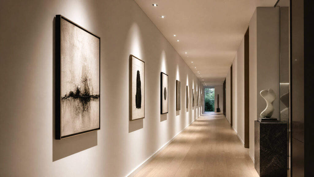 A long, minimalist hallway featuring a series of artworks illuminated by rhythmic spotlights, creating a gallery-like experience.