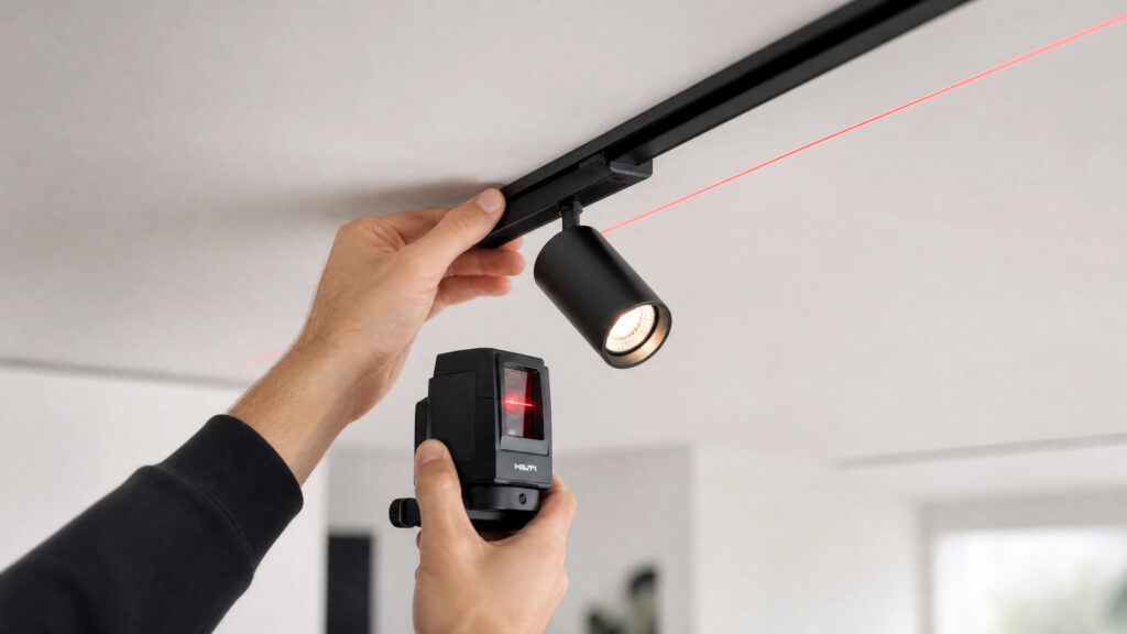 Professional installer using a laser level for precise alignment of high-end art lighting fixtures.