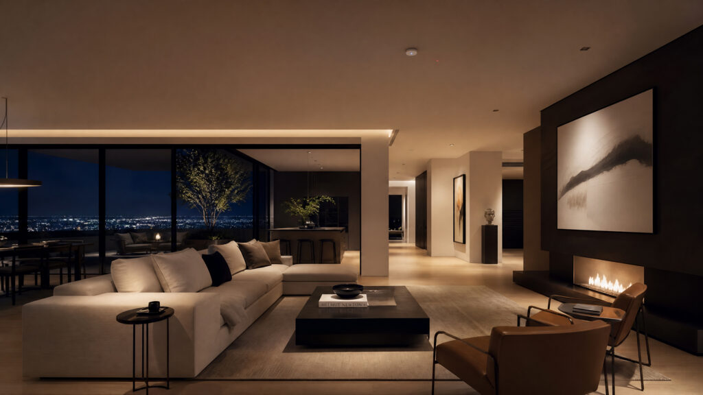 Luxury smart home interior with integrated and automated art lighting system.