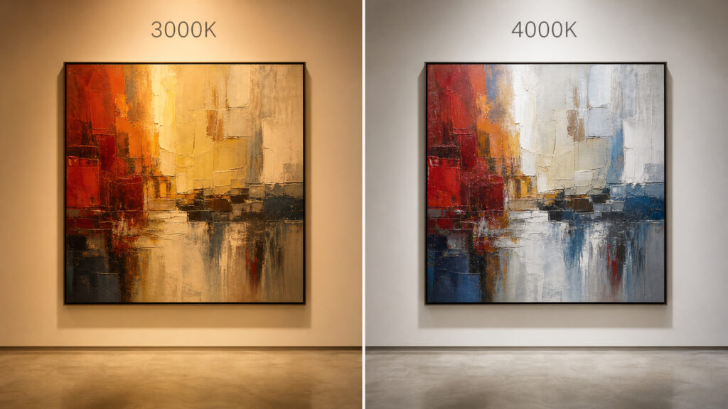 Comparison of 3000K vs 4000K lighting on the same contemporary painting.