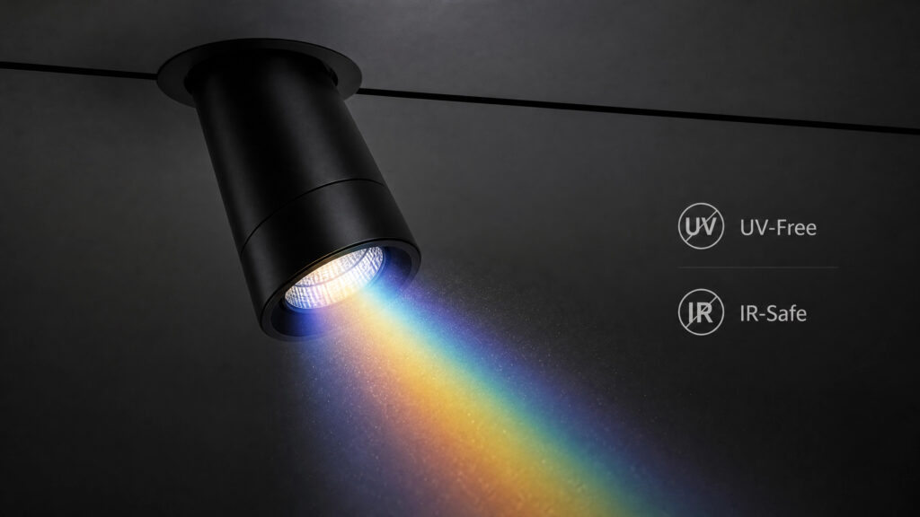 Close-up of a museum-quality LED fixture showing a clean light beam with icons for UV-Free and IR-Safe protection.