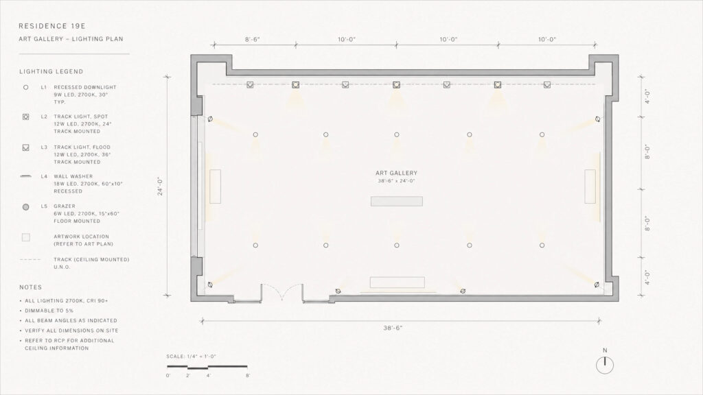Professional architectural lighting plan for an art gallery showing fixture placement and beam spreads.