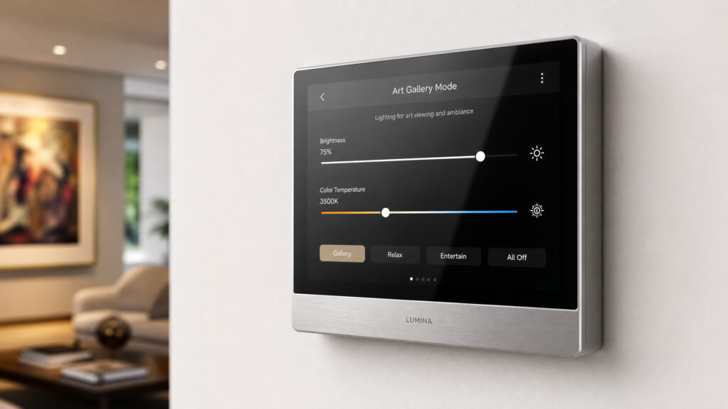 iPhone app interface for precise color temperature and dimming control of art lighting.