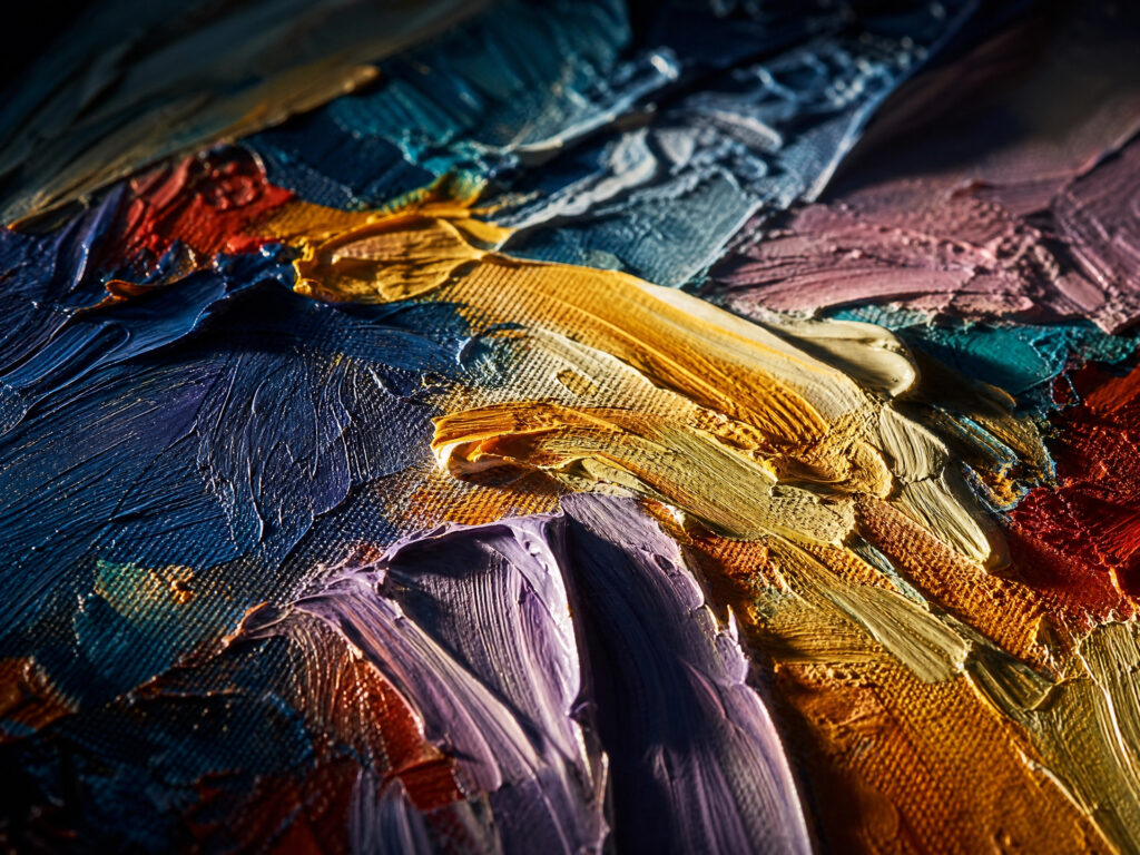 A macro shot of a textured oil painting under raking light, emphasizing the physical depth and impasto technique of the artist.