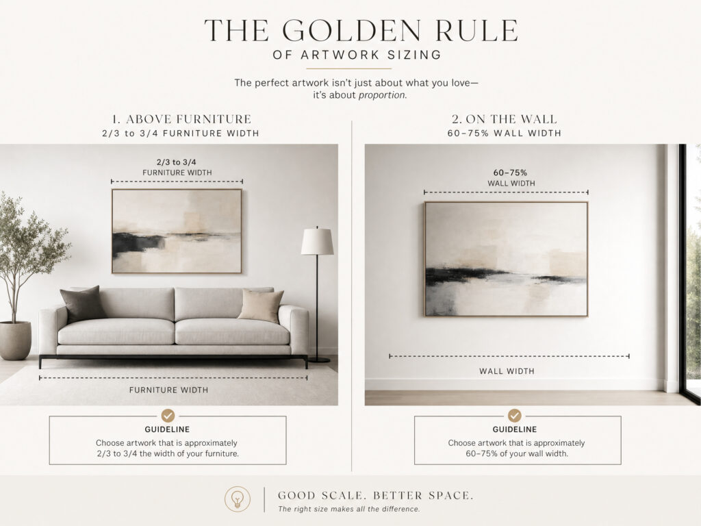 Infographic explaining the golden rules of artwork sizing based on wall and furniture proportions.