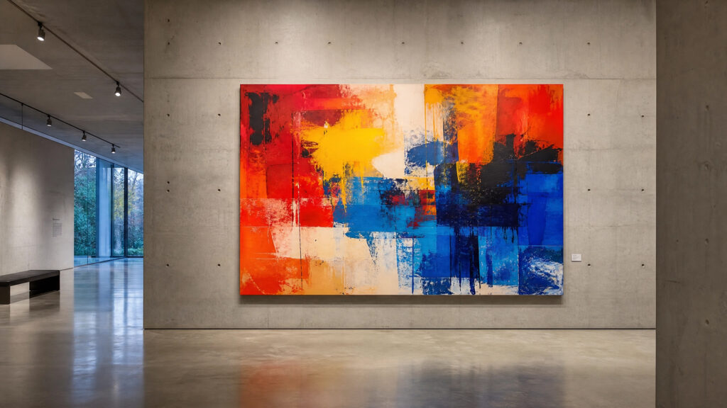 Minimalist art gallery with polished concrete walls displaying a vibrant abstract painting.