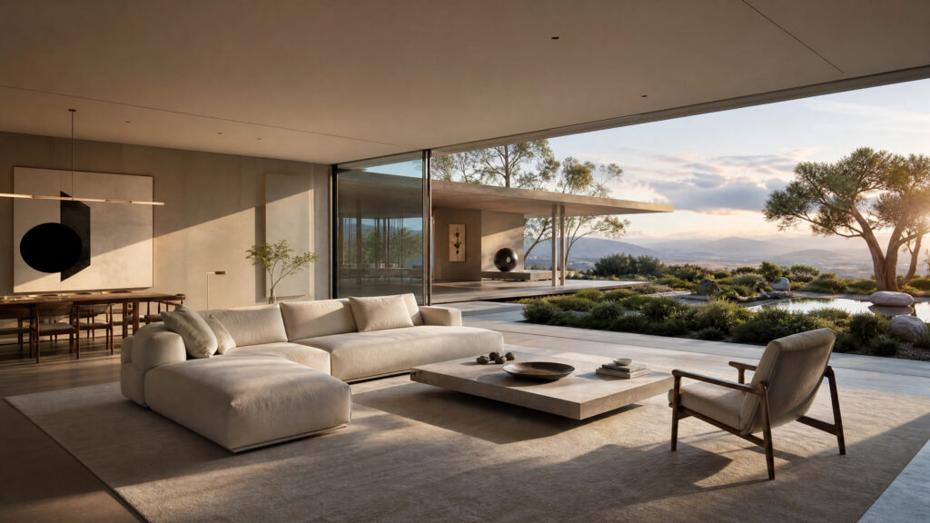 Panoramic view of a luxury residence where art, architecture, and natural elements create a holistic aesthetic experience.