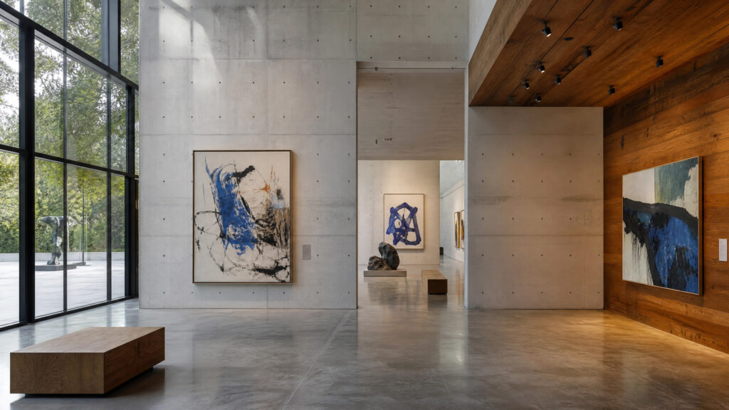 Modern art gallery interior combining concrete, wood, and glass to create a dynamic visual experience.