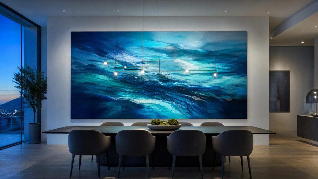 A modern dining area with a large-scale painting dominated by deep blues and teals, creating a calming atmosphere.