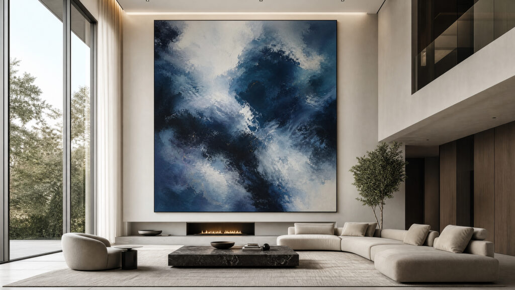 A luxury minimalist living room featuring a massive abstract painting that dominates the visual field, creating a sense of immersion.