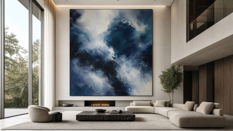A luxury minimalist living room featuring a massive abstract painting that dominates the visual field, creating a sense of immersion.