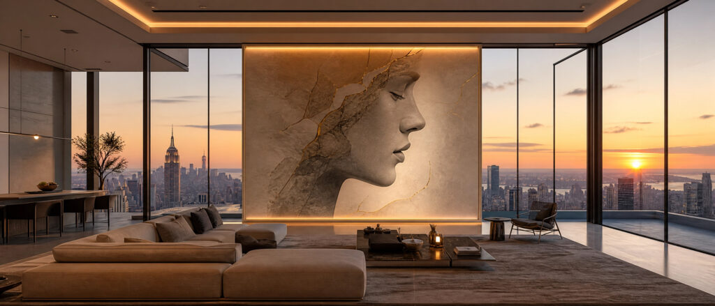 A breathtaking panoramic view of a luxury residence where a massive artwork perfectly harmonizes with the architecture and natural light.