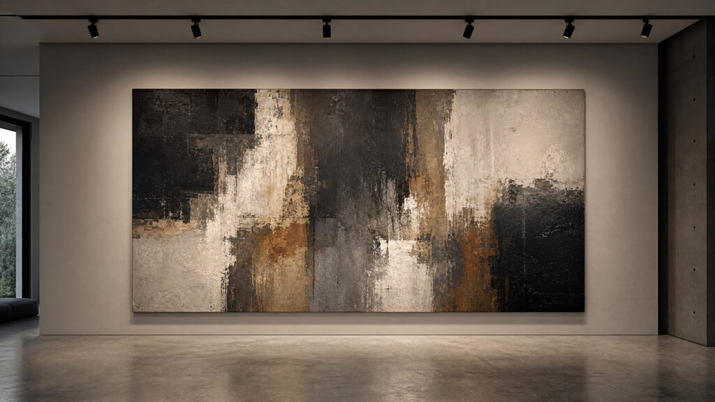 Professional gallery lighting precisely illuminating a massive canvas to avoid glare and highlight texture.