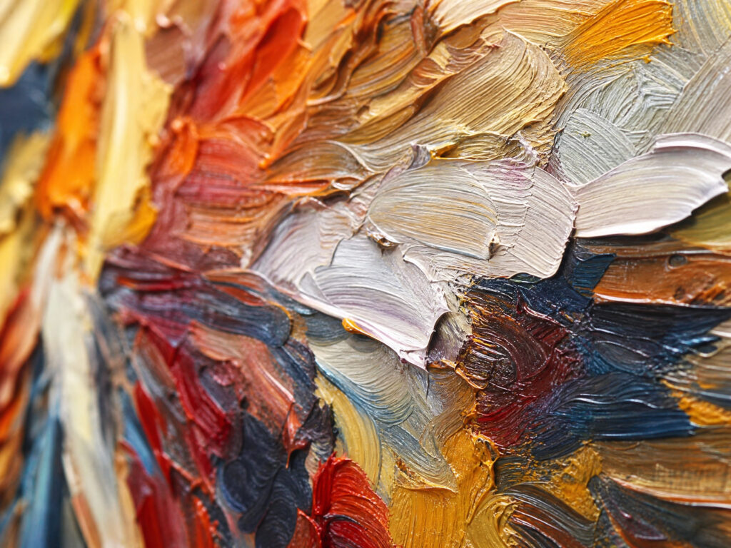 A macro shot of the thick, textured surface of a large-scale oil painting, highlighting the physical presence of the medium.
