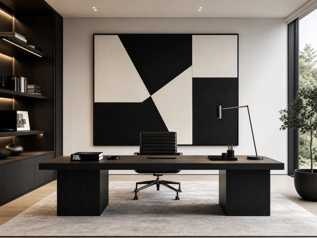 A minimalist office space with a large-scale geometric painting serving as a central focal point.