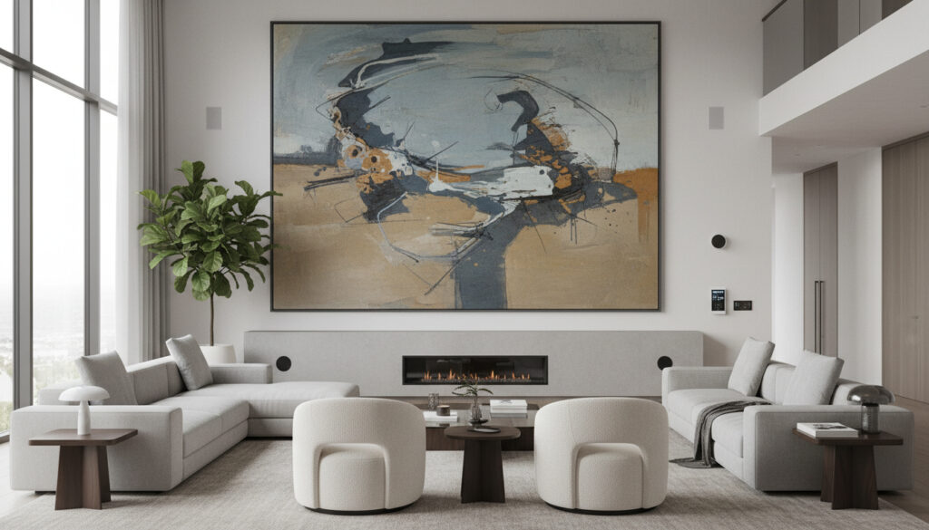 A high-end gallery space featuring the Petrichor Painting by Shellie Garber, showcasing its atmospheric texture and grey-blue palette.