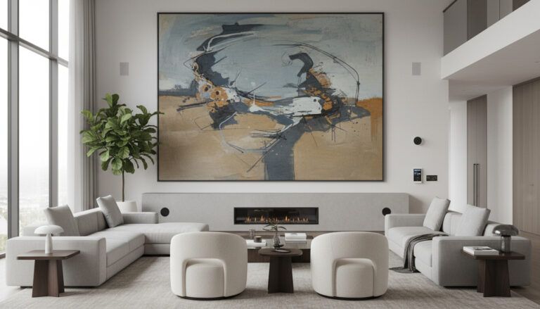 The Petrichor Painting by Shellie Garber displayed in a luxury minimalist living room