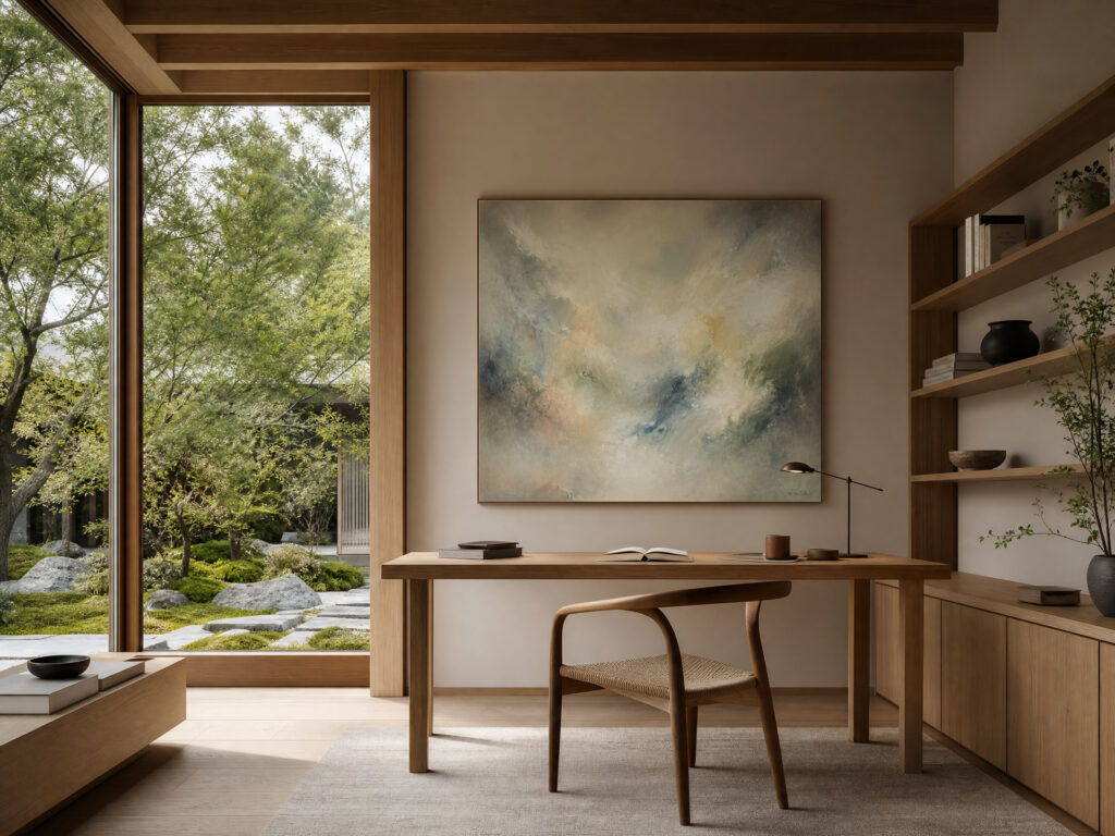 A minimalist study featuring a Petrichor Painting by Shellie Garber style artwork, demonstrating how it curates the space.