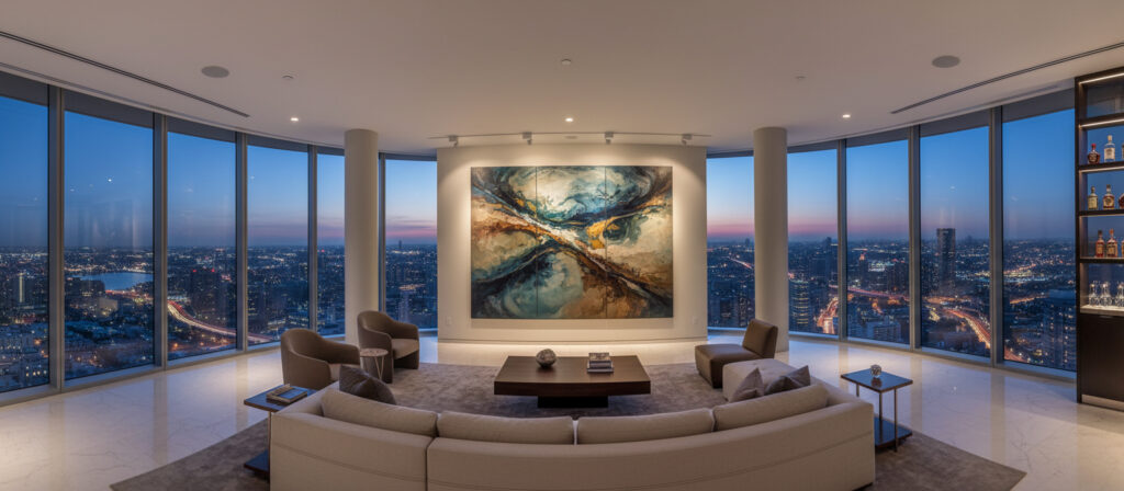 Luxury penthouse view featuring the Petrichor Painting by Shellie Garber as the central artistic focus.