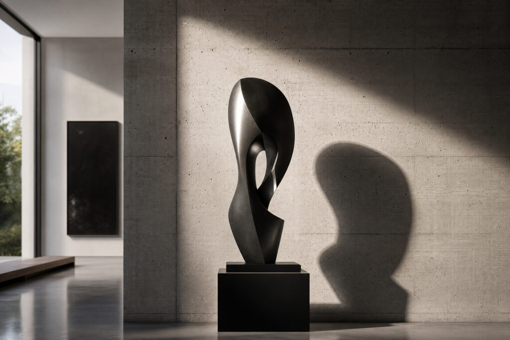 A modern sculpture placed against a textured concrete wall, creating a compelling contextual dialogue within a Private Art Gallery at Home.