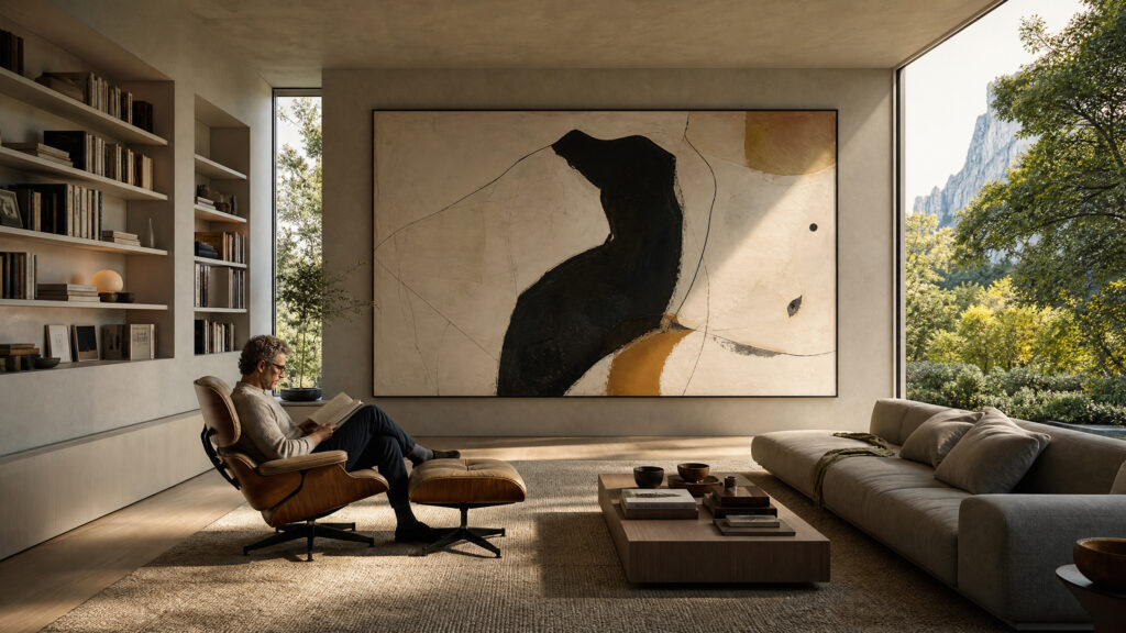 A serene living space where a large-scale artwork seamlessly integrates into the daily ritual of reading and relaxation, forming a Private Art Gallery at Home.