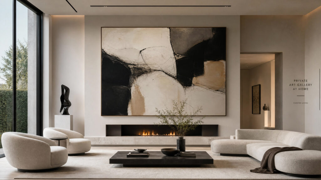 A luxurious, minimalist living room transformed into a Private Art Gallery at Home, featuring a monumental abstract painting above a sleek fireplace.
