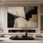A luxurious, minimalist living room transformed into a Private Art Gallery at Home, featuring a monumental abstract painting above a sleek fireplace.