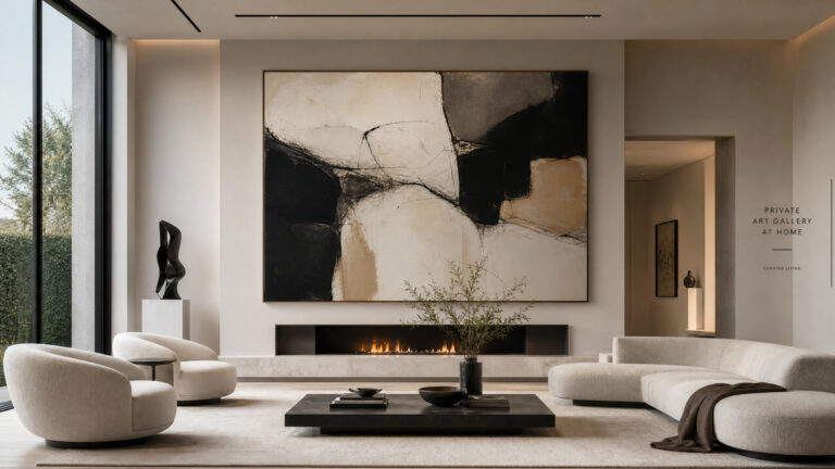 A luxurious, minimalist living room transformed into a Private Art Gallery at Home, featuring a monumental abstract painting above a sleek fireplace.