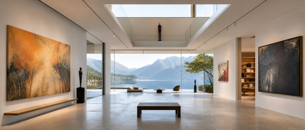 A breathtaking panoramic view of a luxury residence where art, architecture, and natural light converge to create a holistic and inspiring Private Art Gallery at Home.