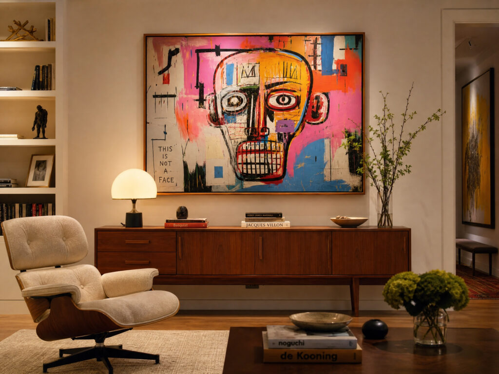 An intimate setting within a Private Art Gallery at Home, showcasing a vibrant contemporary painting above a mid-century modern credenza.