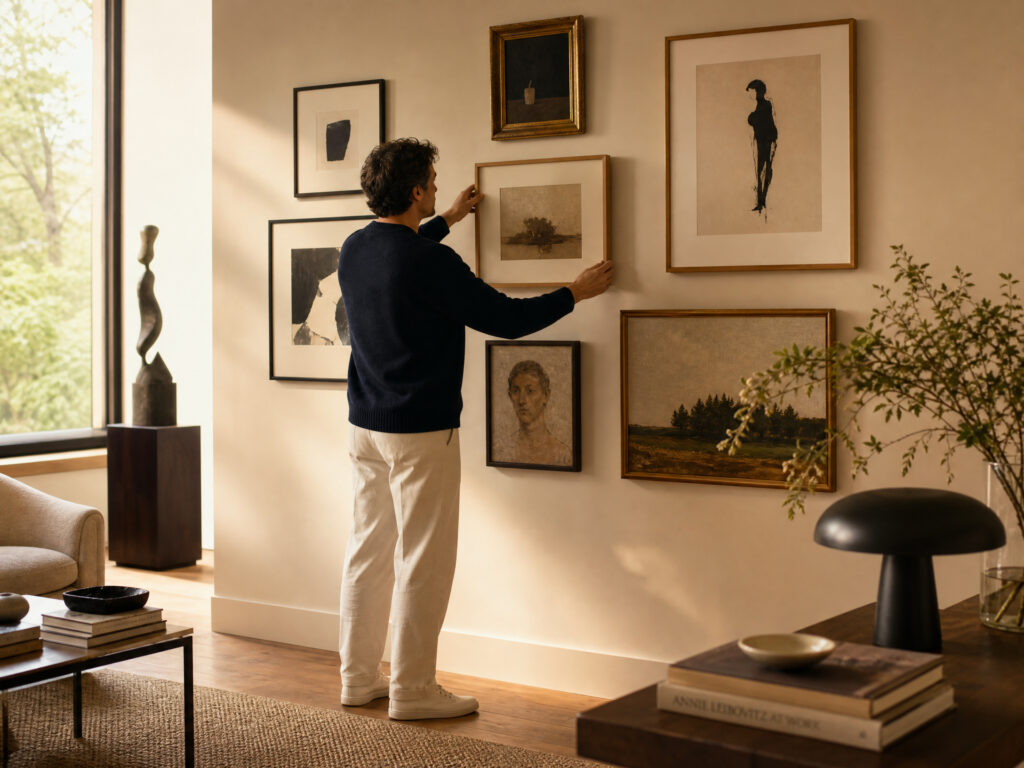 A collector thoughtfully arranging artworks on a wall, trusting their intuition to create a harmonious Private Art Gallery at Home.