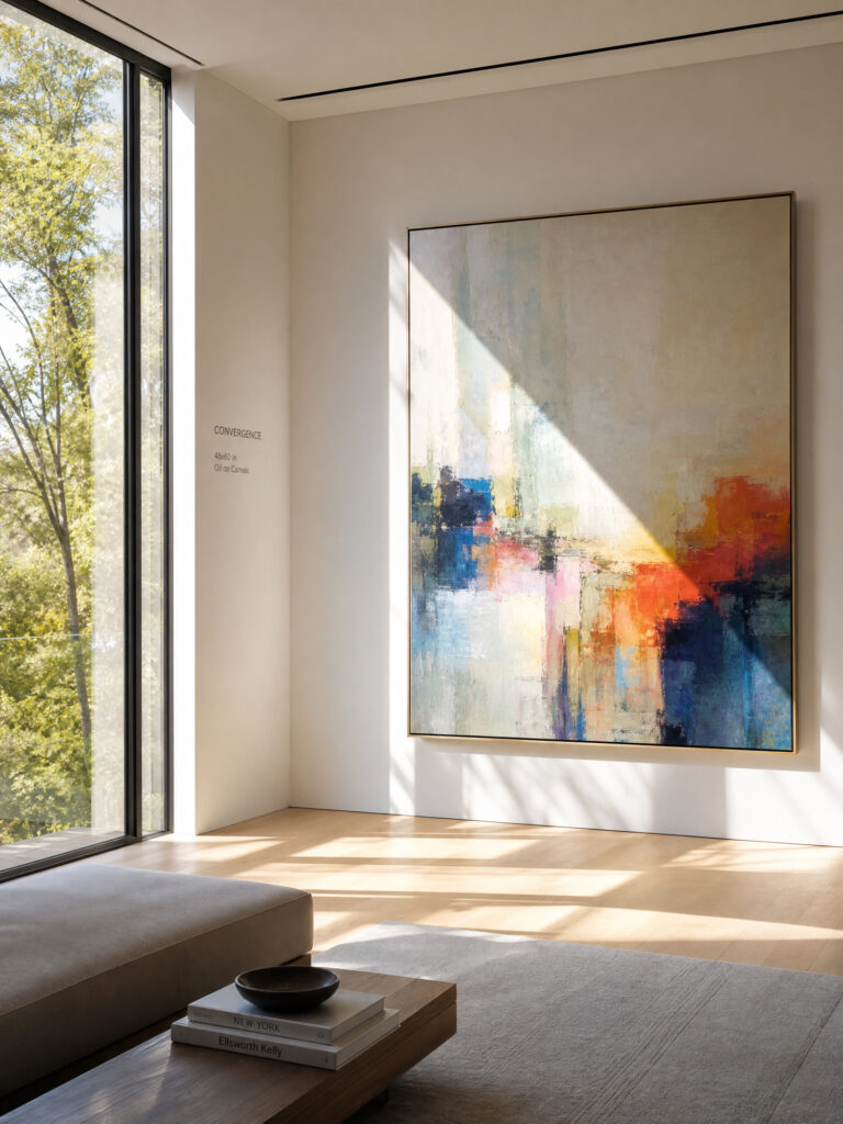 Natural light streaming into a Private Art Gallery at Home, highlighting the dynamic interplay between sunlight and a contemporary painting.