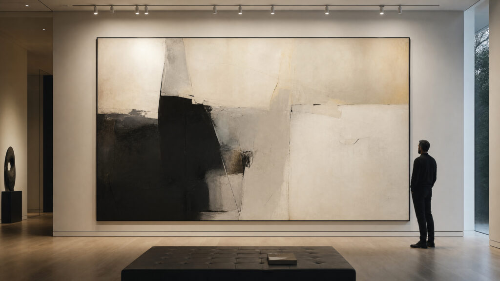 A perfectly proportioned large-scale artwork dominating a wall, demonstrating ideal scale and proportion in a Private Art Gallery at Home.