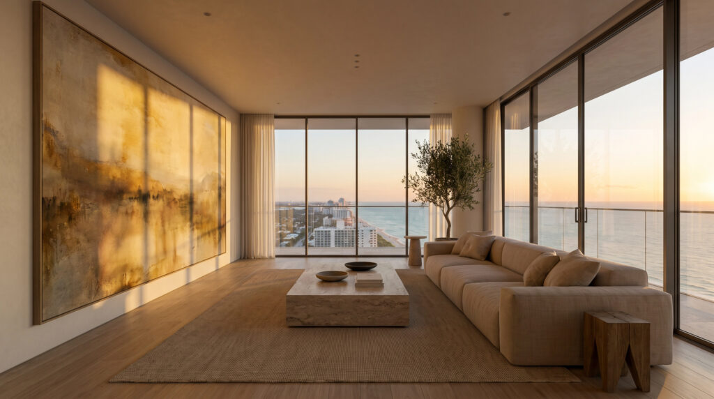 Minimalist Art and Slow Living: A serene penthouse living space at sunset.