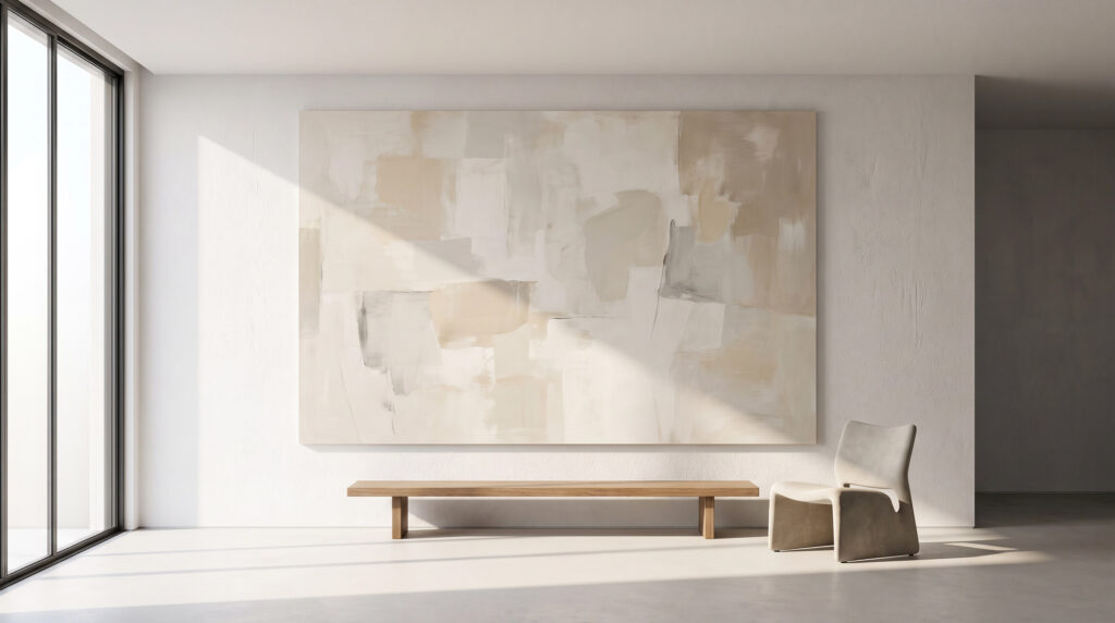 Minimalist Art and Slow Living featured image: A large abstract painting in a bright, minimalist living room.