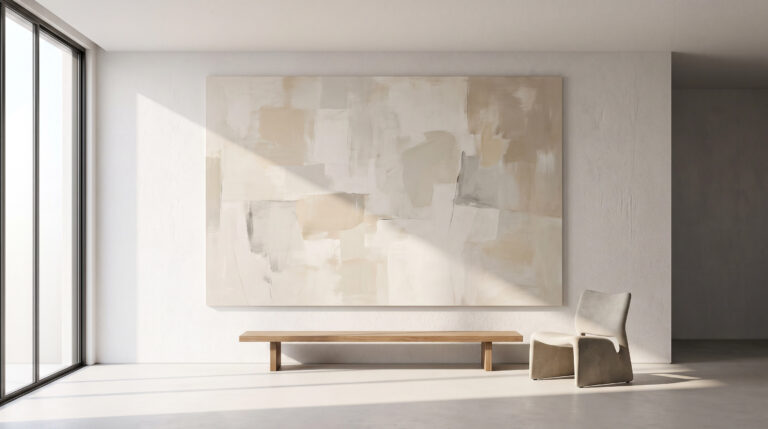 Minimalist Art and Slow Living featured image: A large abstract painting in a bright, minimalist living room.