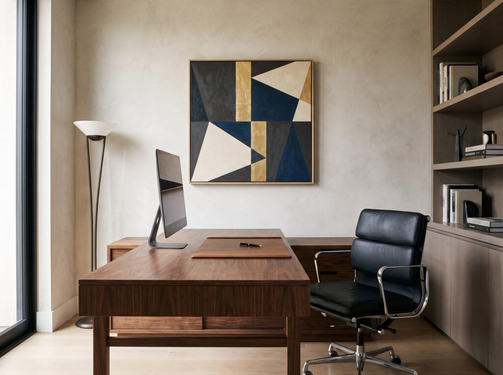 Minimalist Art and Slow Living in a home office: A geometric painting creating focus and order.