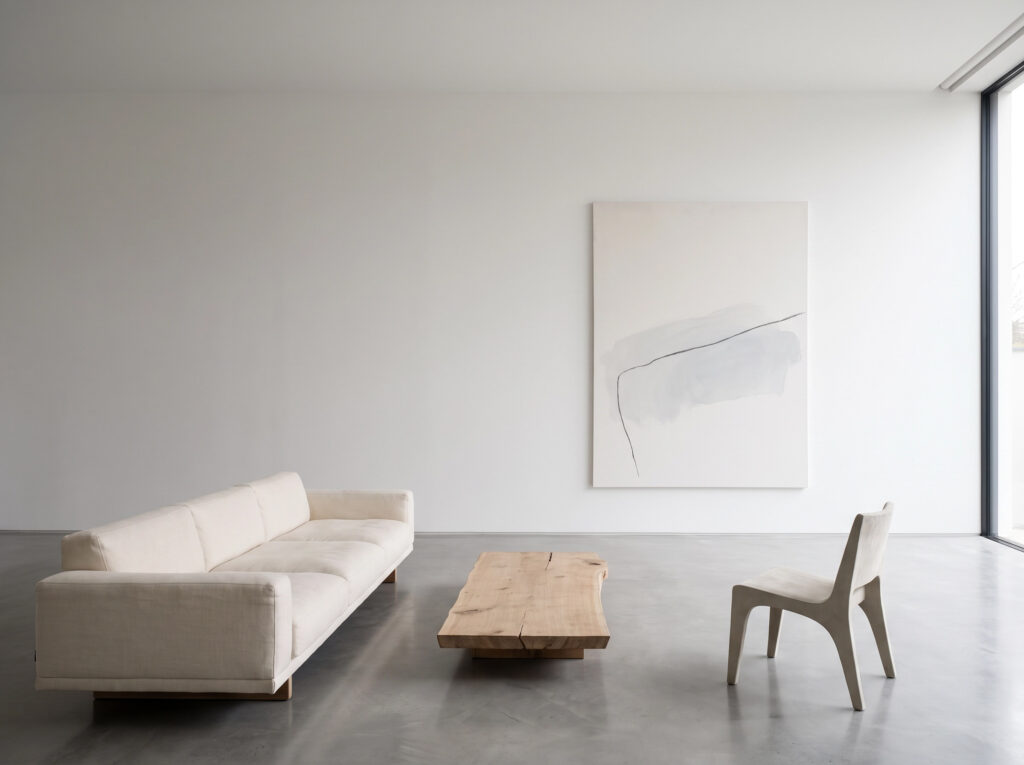 Minimalist Art and Slow Living: A hyper-minimalist living room emphasizing negative space.