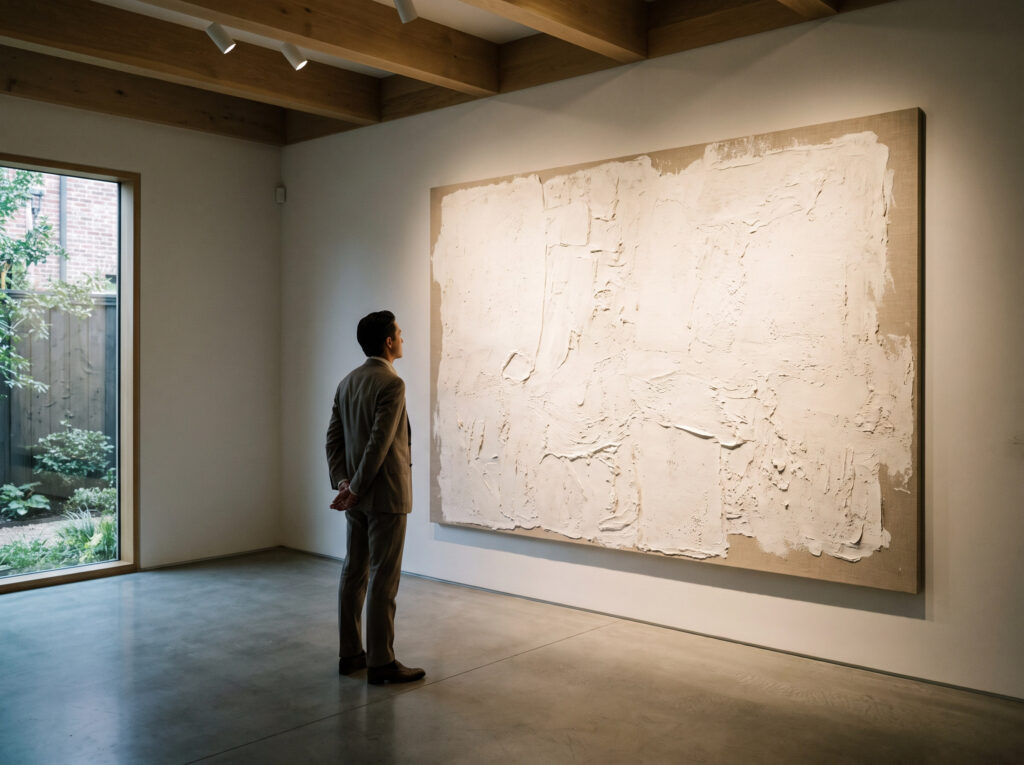 Minimalist Art and Slow Living: A collector admiring a high-quality original minimalist painting.