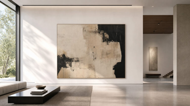 Large-scale abstract painting in a minimalist living room showcasing perfect architectural scale and spatial narrative.