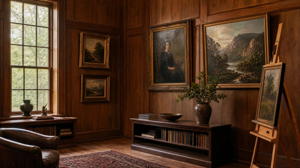 Warm, wood-panelled art space featuring traditional oil paintings and natural light.