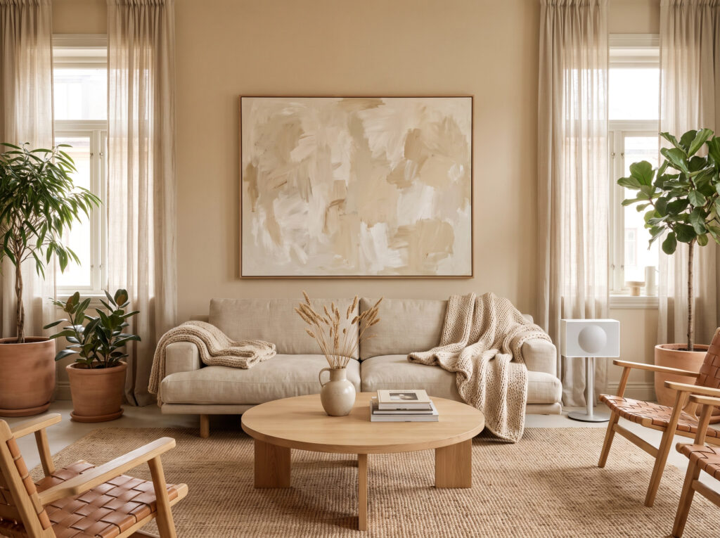 The warmth of beige in Minimalist Color Psychology: A sandy beige living room with organic textures.