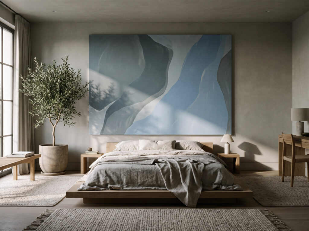 Grey-blue serenity in Minimalist Color Psychology: A bedroom with a muted blue abstract painting.